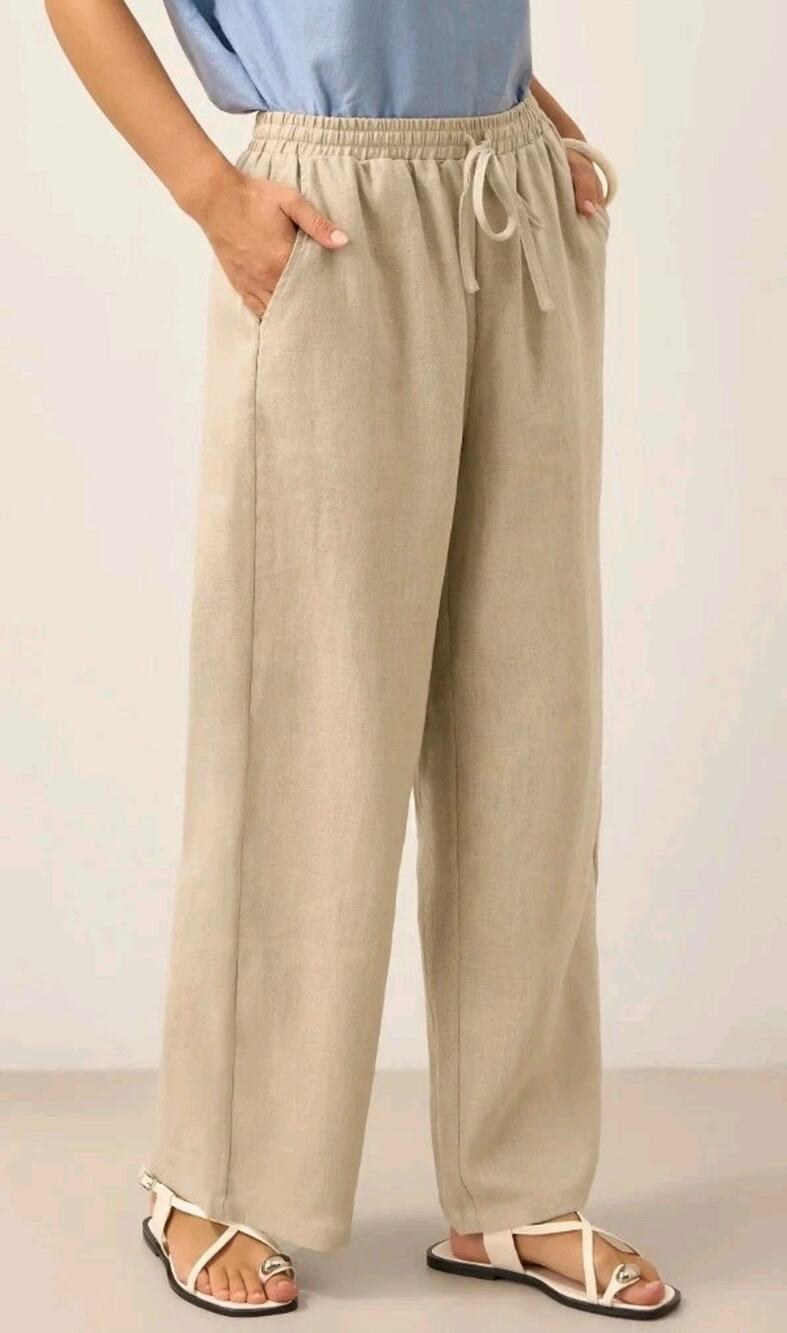 Lintico No-See-Thru Pocket Magic Linen Pant LYON Wide Leg Sz L In Kkaki (V5
